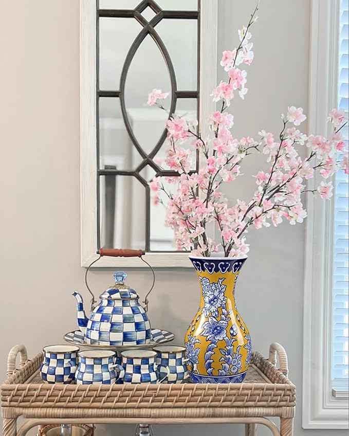 Blue and Yellow Ceramic Vase, 11" Tall Chinoiserie Vase in Wide Mouth, Royal-Inspired Vintage Flower Vases Decorative Vases for Home Decor, Table Centerpiece, Living Room, Dining Room, Entryways Decor