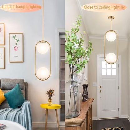 Modern Gold Globe Chandelier 2-Lights Mid Century Pendant Light Brushed Brass Ceiling Hanging Lighting Fixture with White Globe Glass Lampshade for Kitchen Island Dining Room Bedroom