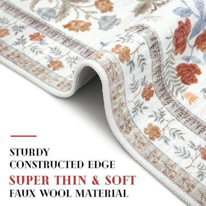 Boho Floral Machine Washable Runner Rug 2x6, Ivory Kitchen Runner Rug Non-Slip, Super Thin Hallway Rug Runner Printed Faux Wool Soft Carpet for Entryway Bedroom Laundry Room Indoor