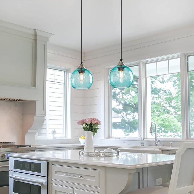 Light Blue Glass Pendant Lights Kitchen Island Globe Pendant Light Fixtures Modern Pendant Lighting for Bedroom Living Dining Room Light Fixture (5.9 in, 2 Pack)