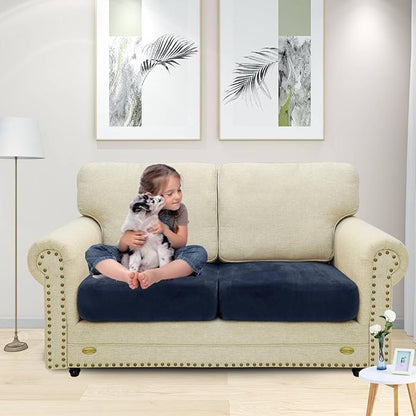 MAXIJIN Velvet Stretch Seat Cushion Covers Couch Cushion Cover for Individual Cushions Sofa Seat Cushion Slipcovers with Elastic Bottom (2 Piece Sofa Cushion Covers, Navy Blue)