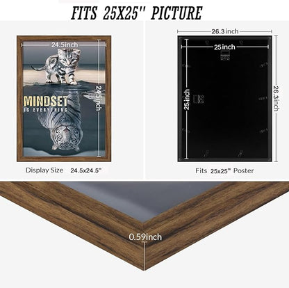 25x25 Picture Frame Brown, Rustic 25x25in Poster Frame, Distressed 25 by 25 Frame, Large Gallery Family Concert Portrait Photo Frame, Anniversary/Birthday/Wedding/Thank you/Christmas Gift