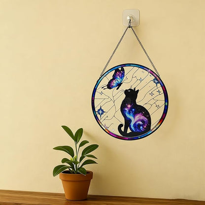 Black Cat Stained Glass Window Hanging, 9.8'' Black Cat & Butterfly with Nebula Design Suncatcher Indoor Outdoor Home Decor for Cats Lovers, Gift for Halloween