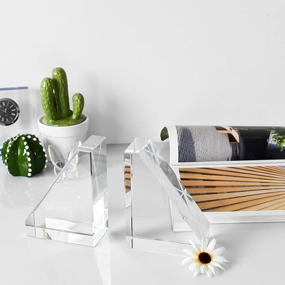 Decorative Bookends for Heavy Books, Set of 2, Modern Book Holders Stopper for Shelves, Bookshelf, Bookcase, Office Desk, Home Decor, Clear