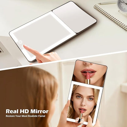Large 2-in-1 Led Car Vanity Mirror with 20X Strong Magnification,10" Sun Visor Mirror with 3-Color Dimmable Rechargeable LED Lights,Car Makeup Mirrors with Secure Reinforced Flexible Mount