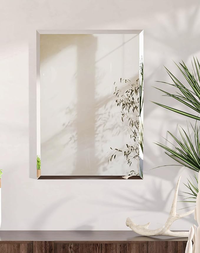 Frameless Rectangular Wall Mirror: Decorative Rectangle Mirrored Glass Vanity with Beveled Silver Edge for Bathroom Bedroom Livingroom Dining Room Entryway Hallway, 20 x 16 inch