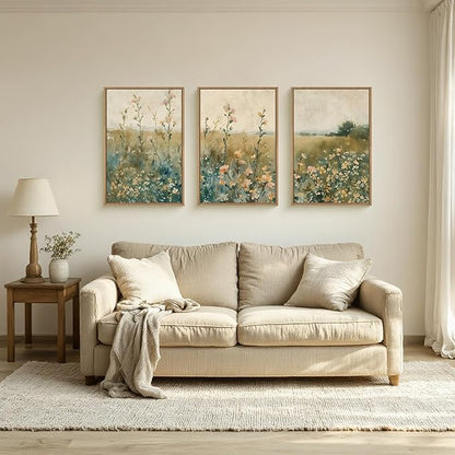 HLNIUC Vintage Watercolor Wildflower Landscape 3 Piece Wall Art Framed, Large Retro Floral Wall Decor(16x24), Nature Wilderness Farmhouse Rustic Field Canvas Painting for Living Room, Bedroom, Office