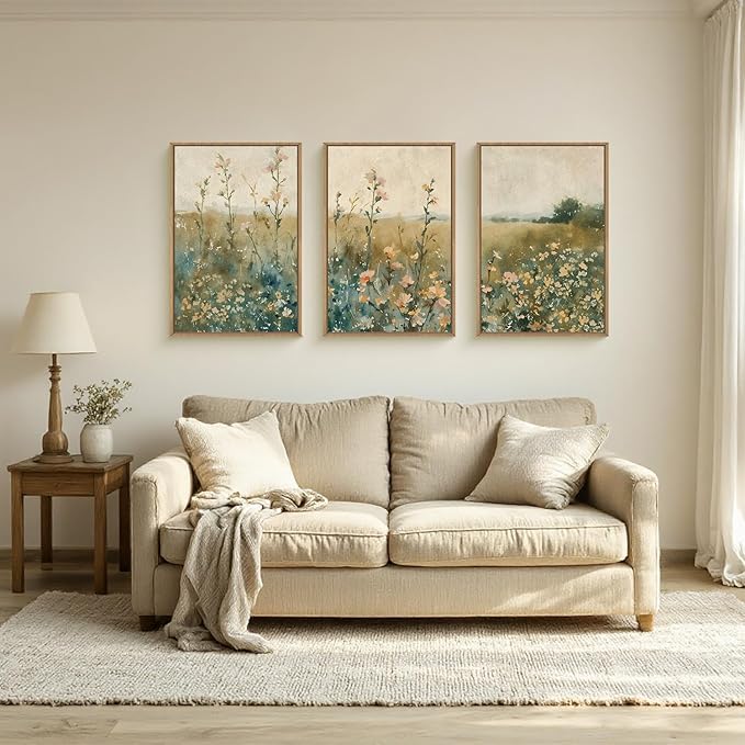 HLNIUC Vintage Watercolor Wildflower Landscape 3 Piece Wall Art Framed, Large Retro Floral Wall Decor(24x36), Nature Wilderness Farmhouse Rustic Field Canvas Painting for Living Room, Bedroom, Office