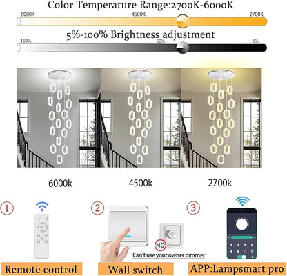 Large Ring Drop Chandelier for Stair Long Spiral Crystal Chandeliers for High Ceiling LED Crystal Ring Chandelier Dimmable 2700K-6000K 16-Light Silver