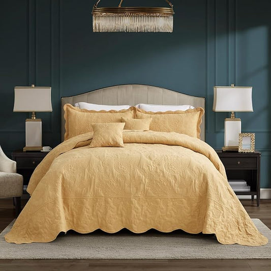 HZ & HY Oversized King Bedspread, Quilted Coverlet Bedding Set, Lightweight Thin Comforter, Reversible, Luxurious, 5 Piece, 100% Microfiber, Honey Gold