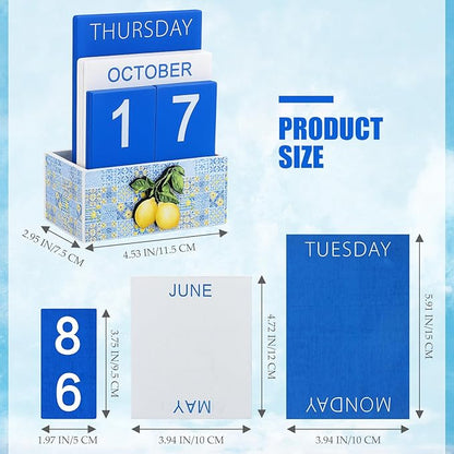 Tile Lemon Wood Block Perpetual Calendar Coquettish Desk Decor Blue Mediterranean Amalfi Coast Decor Cute Month Week Date Display Decorative Block Calendar for Office Home Desk Gift for Women