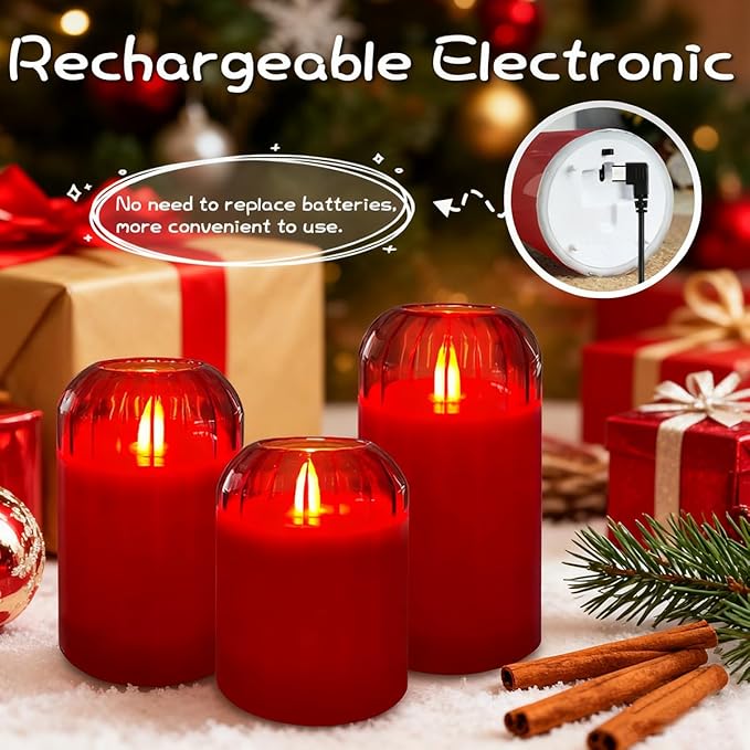 Rechargeable Flameless Candle, Flashing LED Pillar Real Wax Candle with Remote Control and Timer, Red Glass Electronic Candles for Room Decoration, 1 Set of 3