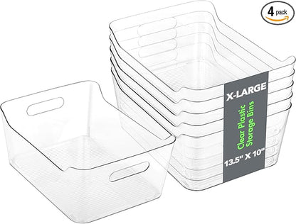 Tiawudi 4 Pack Plastic Storage Bins, Extra Large Pantry Organizer, 13.5" x 10" Clear Storage Containers and Organizer Bins, Multi-Use Bins for Home, Kitchen, Closet and Cabinet
