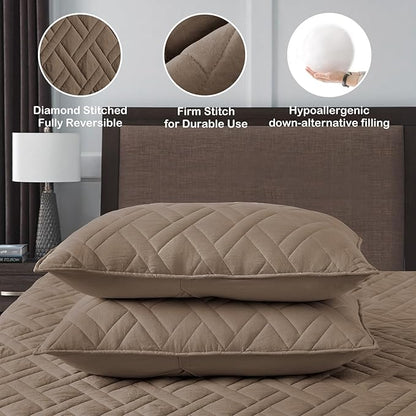 HORIMOTE HOME Quilt Set Queen Size Pine Bark, Classic Geometric Diamond Stitched Pattern, Ultra Soft Microfiber Lightweight Bedding Bedspread Coverlet for All Season with 1 Quilt 2 Pillow Shams
