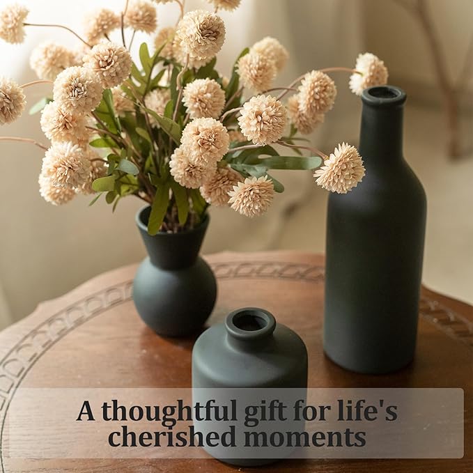Ceramic Flower Vase Set of 3, Fake Flowers in Vase for Centerpieces with 8 Artificial Autumn Chrysanthemums Artificial Decorative Swags