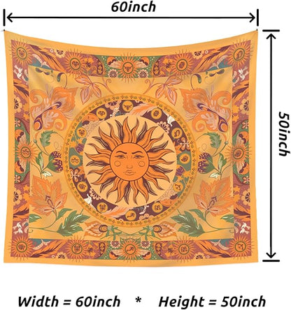 Boho Sun Tapestry Vintage Yellow Tapestry Retro Sunflowers Aesthetic Easy Installation HD Digital Print Wall Hanging for Bedroom Living Room Dorm Home Decor(Organe Sun, 50"x60")