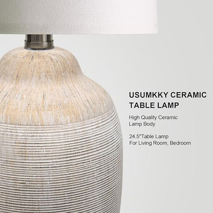 24 inch Vintage Ceramic Table Lamp - Single Farmhouse Rustic Bedside Lamp with Natural Textured Finish, Nightstand Lamps for Living Room, Bedroom, End Table Beige