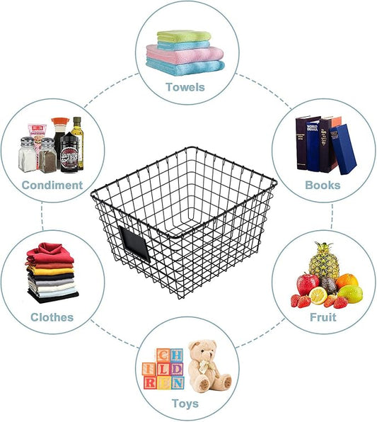 4 Pack【Extra-Large 2+2】 Wire Handmade Storage Basket for Organizing Household Goods,Pantry Organization,Bathroom countertop,Laundry,Wardrobe Storage Basket,Black