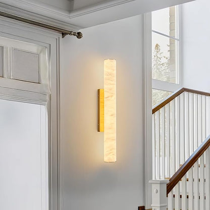 LMQNINE Natural Alabaster Wall Sconces Spanish Marble Wall Light Cylinder Modern Gold LED Sconce for Living Room Bedroom Bathroom Stairs（M-1Pack）