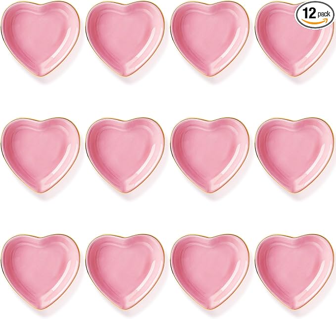Shappy 12 Pcs Valentine Ceramic Jewelry Tray 4.5 in Pink Heart Ring Dish Trinket Gift for Women Birthdays Party Decoration