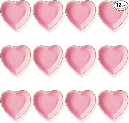 Shappy 12 Pcs Valentine Ceramic Jewelry Tray 4.5 in Pink Heart Ring Dish Trinket Gift for Women Birthdays Party Decoration