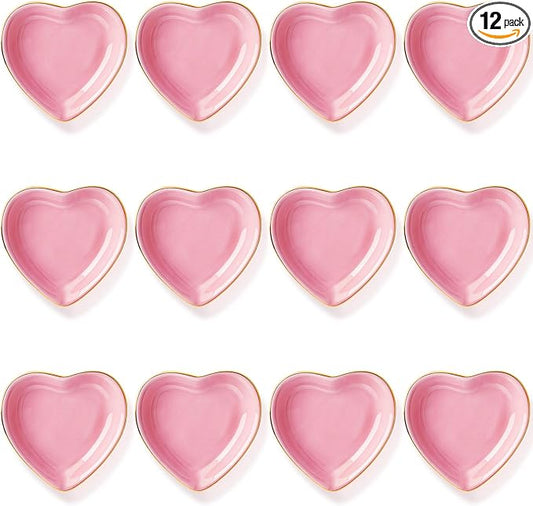 Shappy 12 Pcs Valentine Ceramic Jewelry Tray 4.5 in Pink Heart Ring Dish Trinket Gift for Women Birthdays Party Decoration