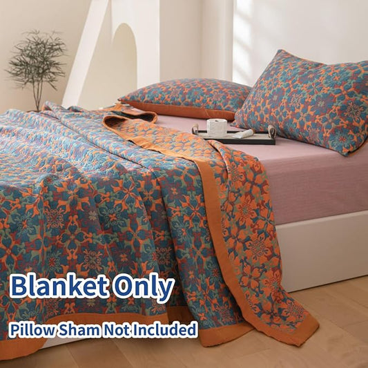 100% Cotton Muslin Blanket Jacquard Bohomian Mandala Floral Print Quilt, Soft Bed Cover 3 Layers Reversible Bedspread Coverlet Breathable Lightweight Bedding King(98"x94"), No Pillow Sham