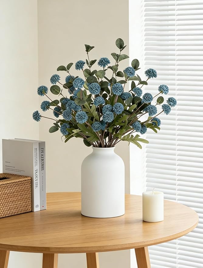 BLOSMON Blue Flowers Artificial for Decoration: Ceramic Vase with 12 Stems of Dusty Blue Flowers Fake Mums Kiku Eucalyptuses for Home Table Centerpieces - Faux Pom Poms Floral Arrangement Dining Room