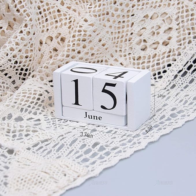 AUEAR, Wooden Block Perpetual Desk Calendar Desktop Cube Rustic Chic Number for Home Office Decoration (White, 1 Pack)