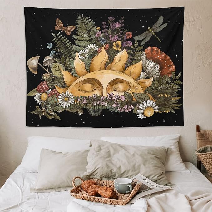 Vintage Sun Tapestry,Boho Hippie Mushroom Starry Floral Forest Plant Tapestries Wall Hanging for Dorm Living Room Bedroom Home Decor(60"x80")