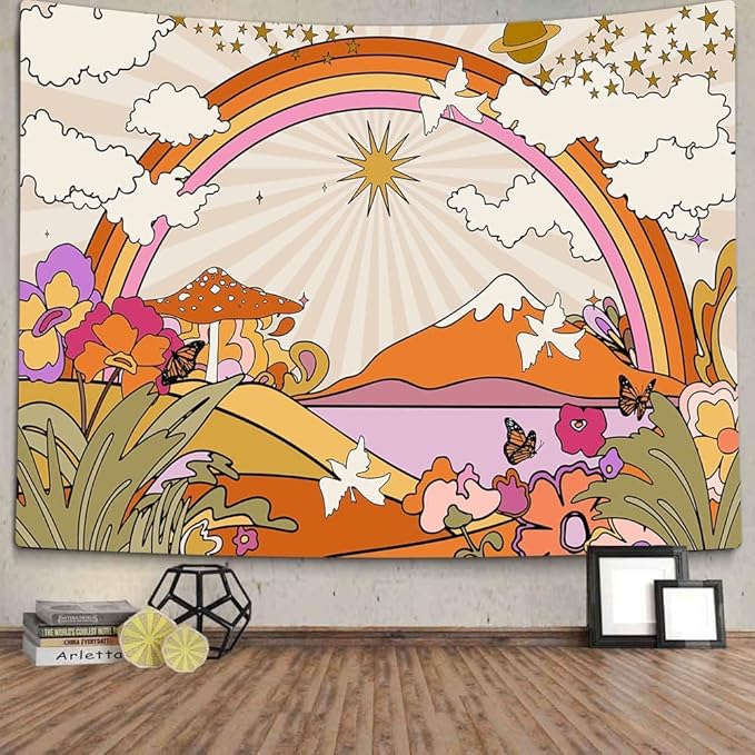 TOMOZ Vintage 70s 60s Groovy Tapestry, Retro Flowers Clouds Sun and Rainbow Tapestry Wall Hanging, Orange Boho Hippie Psychedelic Tapestries for Bedroom Living Room Dorm Decor 90 x 60Inch