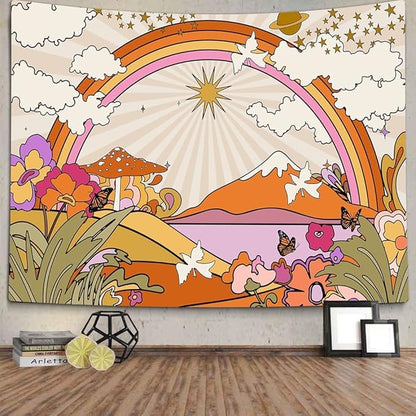 TOMOZ Vintage 70s 60s Groovy Tapestry, Retro Flowers Clouds Sun and Rainbow Tapestry Wall Hanging, Orange Boho Hippie Psychedelic Tapestries for Bedroom Living Room Dorm Decor 90 x 60Inch