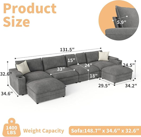 148.7" U Shaped Cloud Sofa Couch with Ottoman, Storage Armrest, Cup Holders, USB & Type-C Ports, Spring Cushions, Solid Wood Frame, Chenille Modular Sectional for Living Room (Dark Gray-U-148.7")