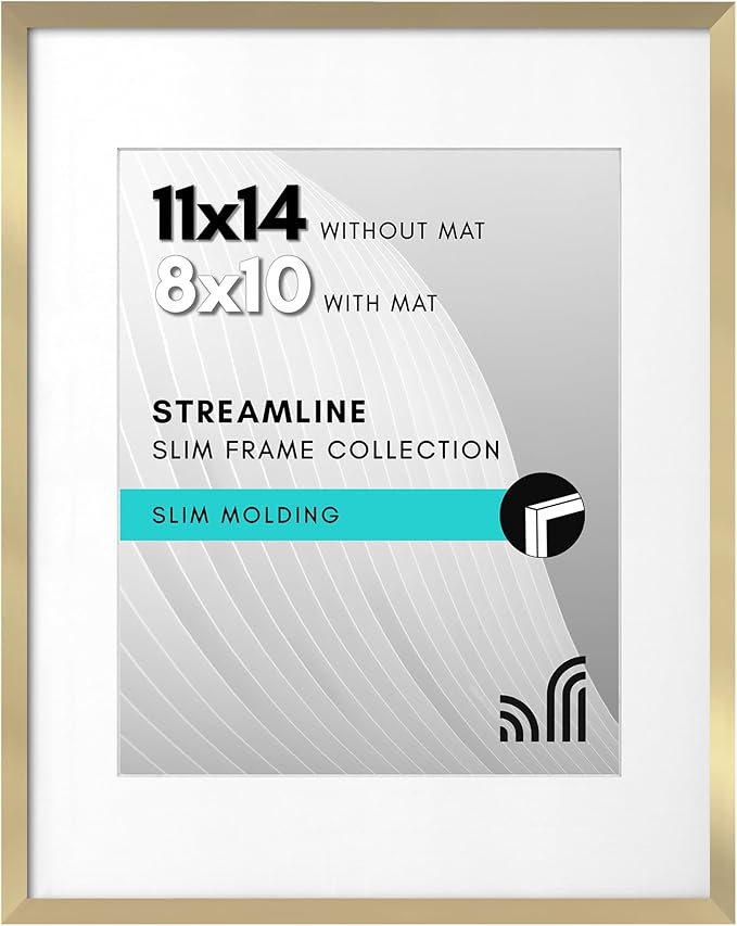 Americanflat 11x14 Picture Frame with Shatter-Resistant Glass - Use as 8x10 Frame with Mat or Display 11x14 Photo Without Mat - Streamline Collection - Thin Border Picture Frames for Wall - Gold