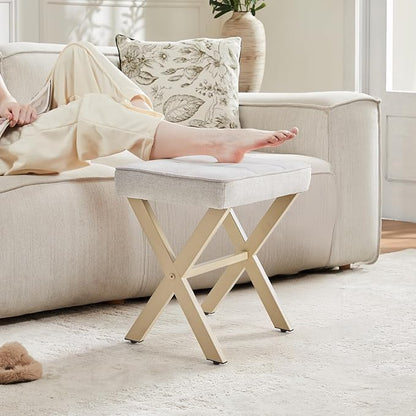 Sweetcrispy Vanity Stool Ottoman, Square Linen Makeup Stool Metal X Legs, Small Footstool Chair for Vanity, Modern Padded Seat Foot Rest for Makeup Room, Bathroom,Living Room, Entryway, Beige