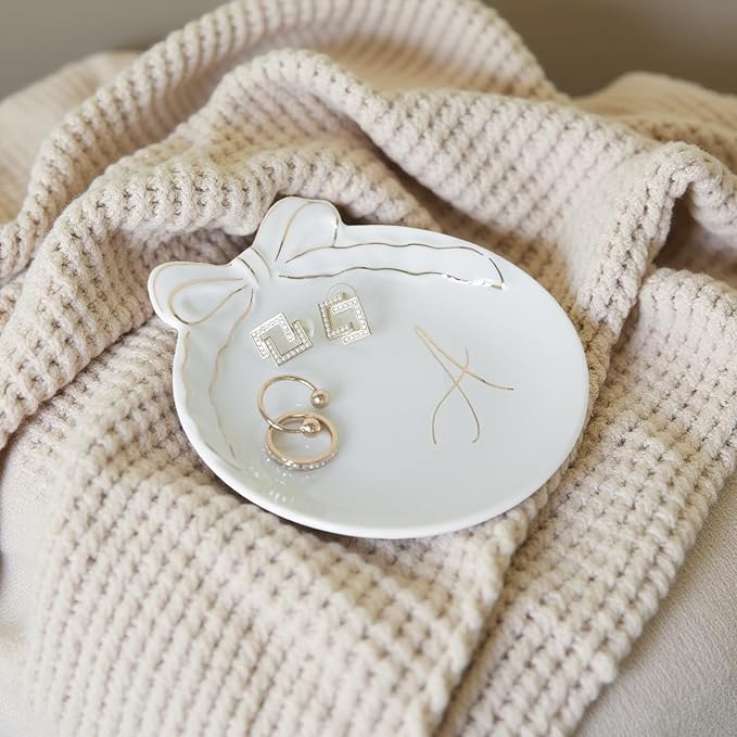COLLECTIVE HOME - Personalized Initial Ceramic Jewelry Tray with Bow, Christmas Gift Ideas for Women, Small Gift for Girlfriend Wife, Ring Holder, Earrings Dish, Birthday Gift for Her (A)