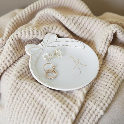 COLLECTIVE HOME - Personalized Initial Ceramic Jewelry Tray with Bow, Christmas Gift Ideas for Women, Small Gift for Girlfriend Wife, Ring Holder, Earrings Dish, Birthday Gift for Her (A)
