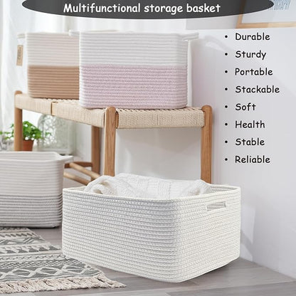COMFY-HOMI 3 pcs Large Storage Baskets for Shelves, Laundry Basket, Woven Rope Basket, Closet Organizer Bins for Clothes Blanket Towels, Baby Nursery, Gift Toy Baskets, 17” x 13” x 7.5”-White