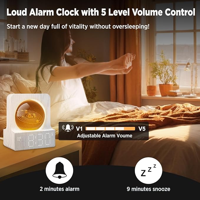 DreamSky Space Alarm Clock for Kids Teens, Small Digital Clock with RGB Night Light for Bedroom, Colorful Crystal Ball Decor for Living Room Office, Dimmer, Gifts for Boys Girls Women (Wood Grain)