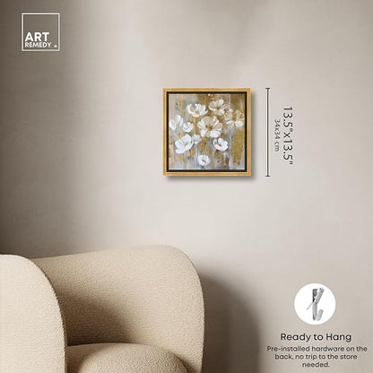 Art Remedy Golden Daisies Canvas Elegant White Gold Wall Art, Gold Frame, 12" x 12"