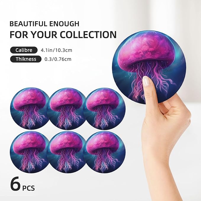 6 Pcs Ceramic Coasters with Holder Absorbent Drink Round Fantasy Starry Sky Pink Gellyfish Design for Home Table Coffee Cup Wine Beer Bar,Size 4.4 inches