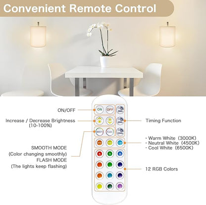 Wireless Wall Sconces Set of 2, Rechargeable Battery Operated Wall Lights with Remote, Dimmable Magnetic LED Bulbs,12 RGB Colors and Timer, Cordless Sconces for Bedroom Living Room (Silver)