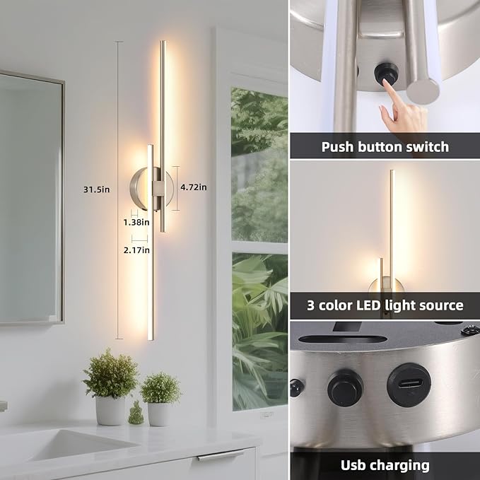 Battery Operated Wall Sconce set of 2, USB Rechargeable Wireless Sconces with Remote Control, LED Dimming Wall Lamp 3 Color/Timer/Memory, 31.4 Inch Brushed Nickel Wall Lights for Bedroom Living Room