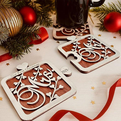 Mr & Mrs 2025 Wooden Puzzle Coaster Set – Our First Christmas Together Gift for Couple, Newlywed, Engagement, Anniversary Present, Rustic Wood Decor, Wedding Gift Idea