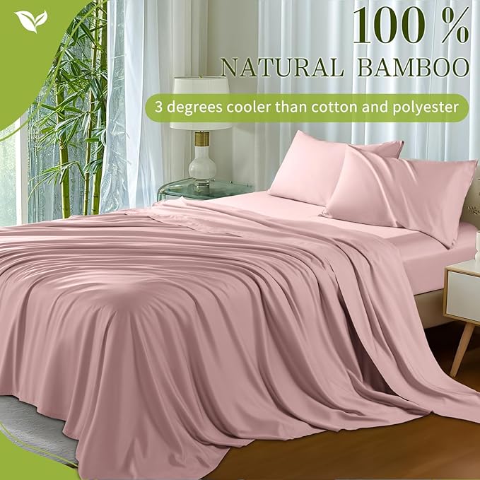Shilucheng 100% Viscose Derived from Bamboo_ Sheets King Size 4pcs - Ultra Cooling & Silky Soft Bed Sheets, 16" Deep Pocket, Perfect for Hot Sleepers, Hotel Bedding Sheets (Light Pink)
