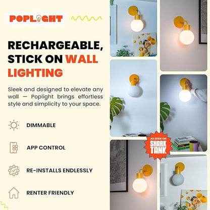 Wireless Wall Sconce (Shark Tank) Rechargeable & Dimmable LED Light w/App Control & Damage-Free Install, Moveable Modern Ambient Lighting for Elegant Home & Bedroom Decor | Marigold