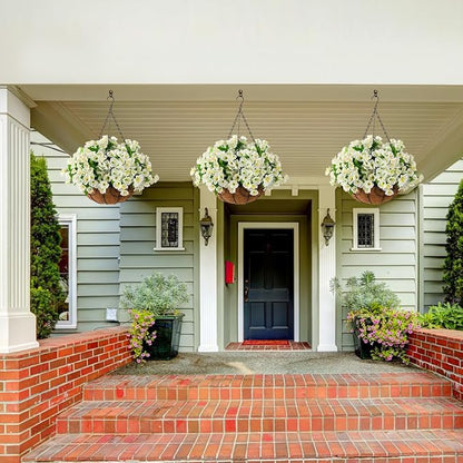 Homsunny Artificial Fake Hanging Flowers Plants Basket for Outdoors,Artificial Petunias for Outdoor Fake Silk Flowers Porch Patio Courtyard Spring Summer Decor(Green White)