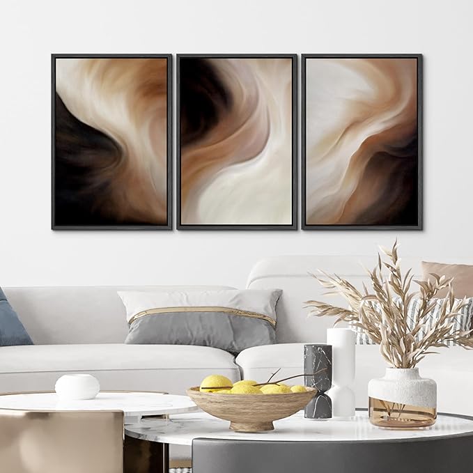 MUDECOR Framed Canvas Print Wall Art Abstract Neutral Brown and Beige Fluid Illustrations Realism Decorative for Living Room, Bedroom, Office - 16"x24"x3 Black