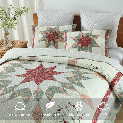 Cotton Bedspread Quilt Bedding Sets, 3 Pieces Reversible Coverlets Comforters Star with Red Floral Real Patchwork Bedspread,Queen Size