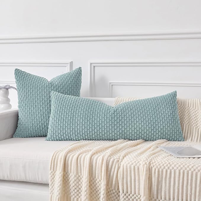 Kevin Textile 20x54 Inch Long Body Lumbar 1 Pack Boho Decorative Throw Pillow Cover Soft Striped Corduroy Rectangle Cushion Case Farmhouse Accent for Living Room Couch Sofa Bed, Dusty Green